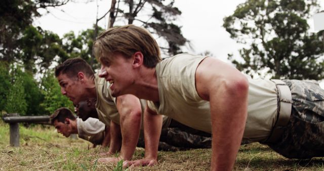 Soldiers engage in rigorous physical training, performing push-ups in an outdoor setting. Use this for themes like military life, physical fitness, discipline, and teamwork. Suitable for army recruitment campaigns, fitness blogs, and articles on training regimens.