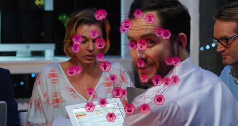 Business Team Collaborating with Digital Interface Visualization