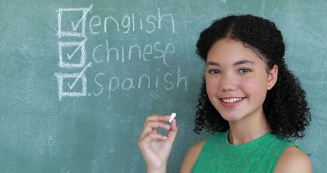 A young, smiling girl stands in front of a chalkboard with languages written on it. She holds a piece of chalk while acknowledging the completion of learning English, Chinese, and Spanish. This image can be useful for websites and materials emphasizing language learning, bilingual education, multicultural schools, and educational programs.