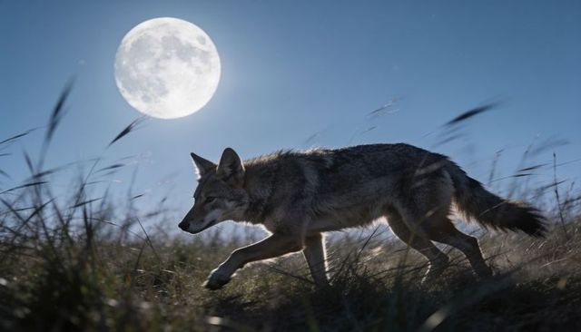 Moonlit coyote prowling coastal dune grass under full moon night sky silhouette