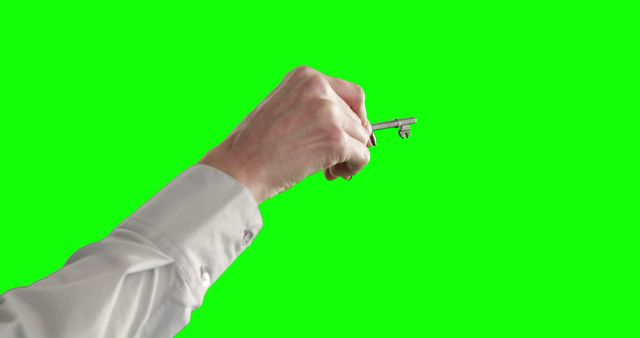 A Caucasian hand in a business shirt holds a key against a green screen background, with copy space. The key symbolizes access, security, or a new opportunity in a professional or personal context.