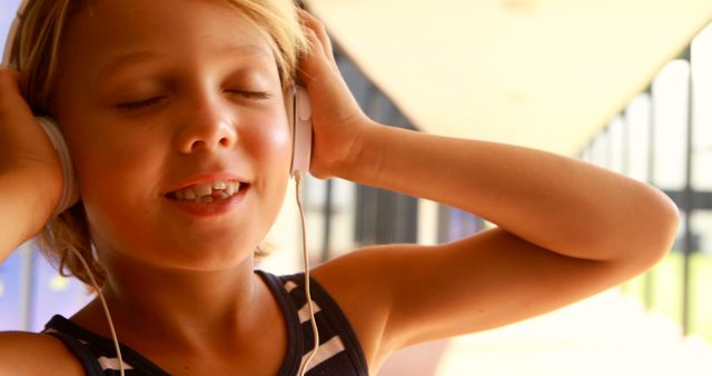 Schoolgirl listening music on headphones at school 4k - Download Free Stock Photos Pikwizard.com