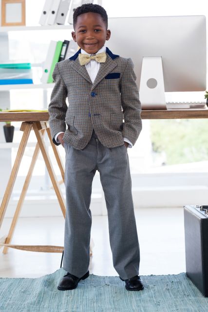 Young boy dressed in a business suit standing confidently in a modern office environment. Ideal for use in educational materials, career inspiration content, advertisements for children's clothing, or articles about future leaders and ambition.