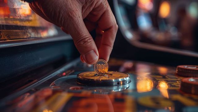 Hand inserting coin into retro pinball machine coin slot with warm reflections and glossy steel clos