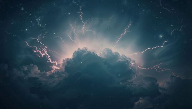 Dramatic Night Sky with Lightning and Stars During Storm