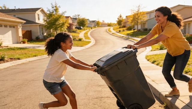 Mother and daughter pushing trash bin on sunlit suburban street, playing and laughing