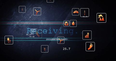 Digital interface display with various data and media icons