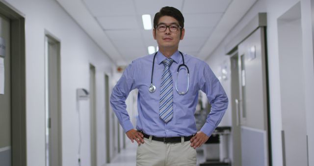 A male doctor is standing confidently in a hospital hallway with hands on his hips, wearing a blue shirt and striped tie. He is showcasing professionalism and readiness. Perfect for use in articles about healthcare, medical advertisements, hospital promotions, or any content related to medical professionals and patient care.