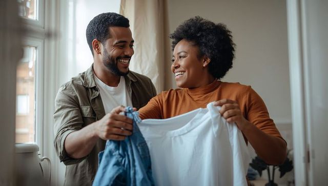 Young black couple sorting wardrobe at home, smiling while choosing casual outfits