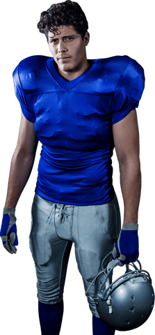 Transparent confident american football player holding helmet