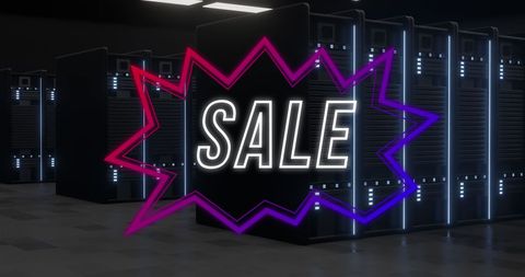 Neon Sale Sign Overlay on Rows of Computer Servers - Download Free Stock Images Pikwizard.com