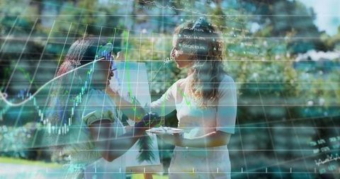 Painting Collaboration in Sunlit Park with Financial Charts Double Exposure Overlay