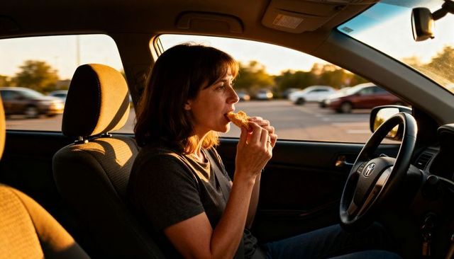 Middle-aged woman eating sandwich in parked car during golden hour