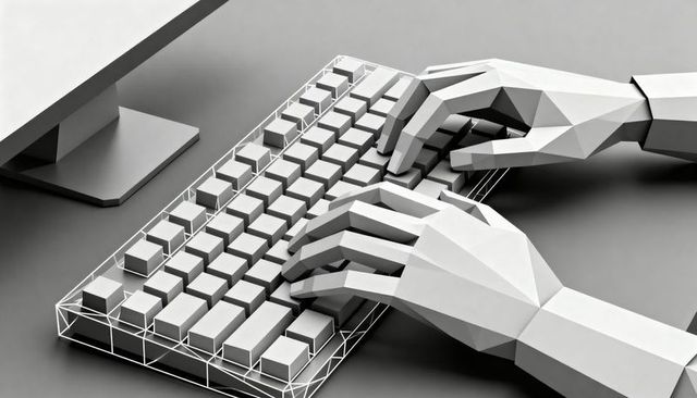 Low-Poly Robotic Hands Typing on Wireframe Keyboard Futuristic Monochrome Tech Concept