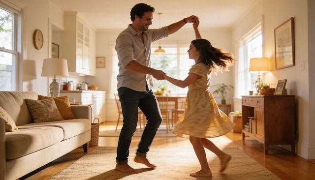 Father dancing with daughter in sunlit living room spinning joyful family bonding moment