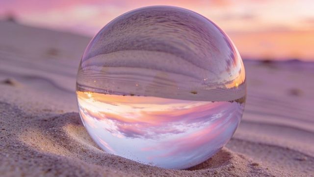 Crystal sphere refracting inverted pastel sunset over wind-sculpted sand dunes at shore