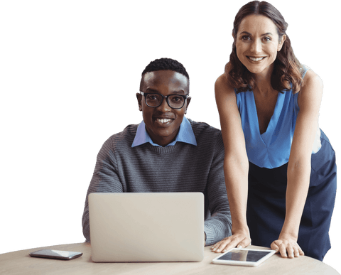 smiling business team collaborating with laptop on transparent background - Download Free Stock Videos Pikwizard.com