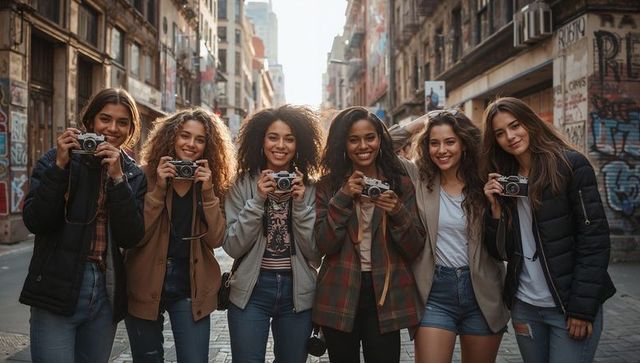 Six friends posing with vintage film cameras on graffiti-lined urban street at golden hour