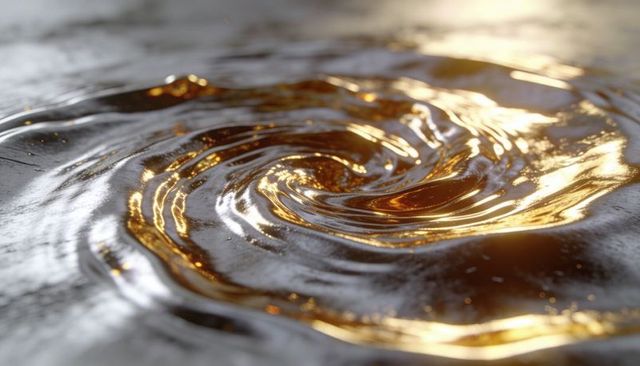 Swirling golden whirlpool of viscous liquid with metallic sheen and reflective macro texture