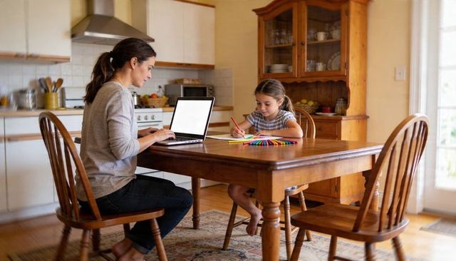 Working Mom Typing on Laptop While Daughter Drawing at Sunlit Wooden Kitchen Table