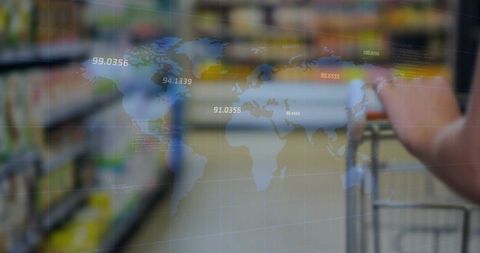 Shopper Pushing Cart with World Map Data Overlay in Supermarket Aisle, Augmented Reality