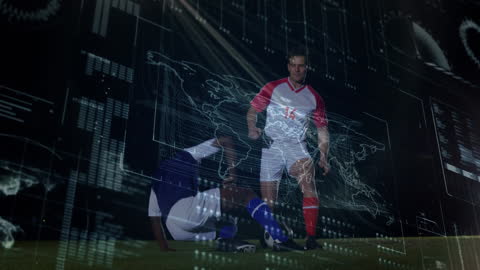 Diverse Soccer Players with Tech Data Overlay on the Field