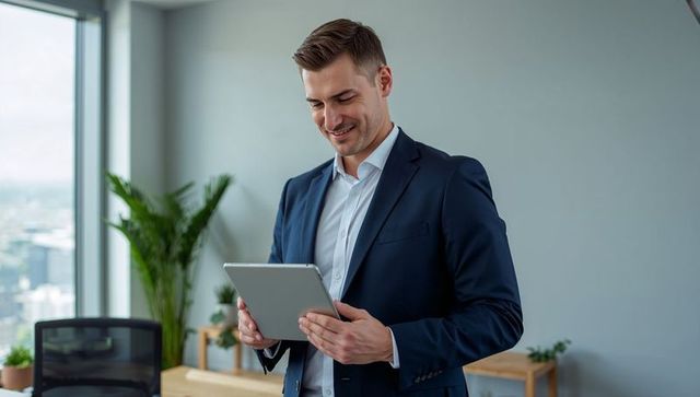 Businessman Checking Tablet in Modern Office with City Skyline, Plants and Minimal Decor
