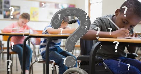 schoolchildren solving problem in classroom with digital question marks - Download Free Stock Images Pikwizard.com