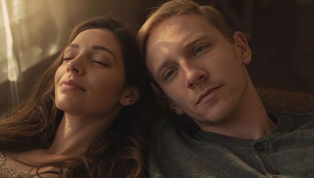 Couple relaxing on sofa sharing warm sunlight through sheer curtain, cozy intimate moment
