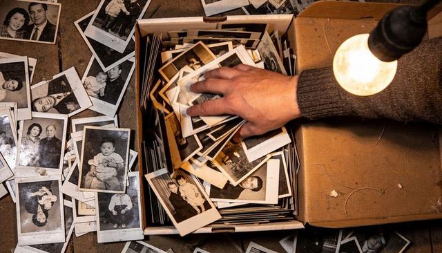 Sorting vintage family portraits in cardboard archive box under warm bulb light