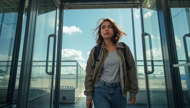 Confident young woman walking through glass jet bridge at airport with backpack and phone