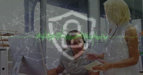 Cybersecurity Overlay with Business Professionals Discussing Data Solutions