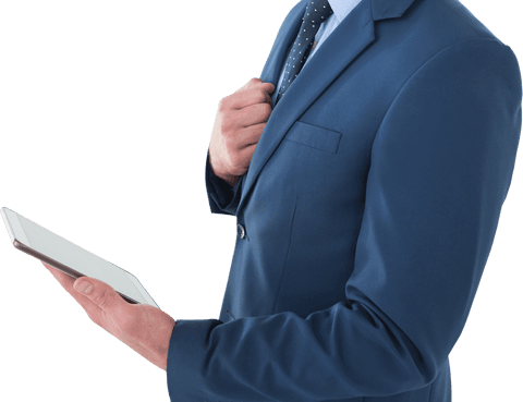 Midsection of businessman using tablet on transparent background