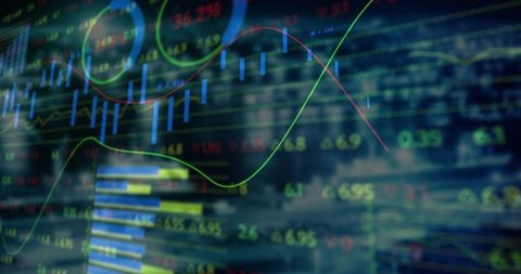 Digital Financial Data Display with Analytical Charts in Office Setting