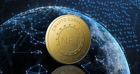 Golden NFT Coin on Global Network Background