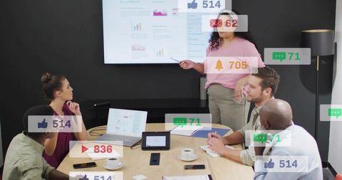 Team Reviewing Analytics Dashboard with Social Notifications during Boardroom Presentation