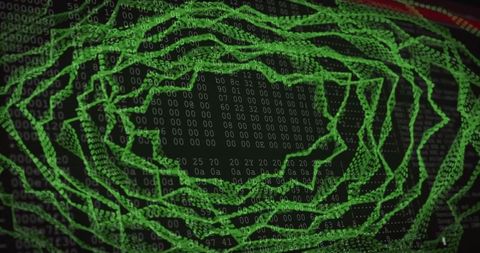 Neon Green Data Tunnel Wireframe Vortex with Floating Binary and Hex Grid