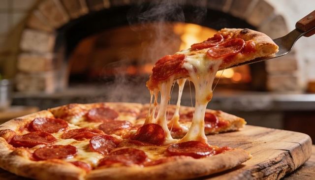Pulling gooey mozzarella stretch from pepperoni pizza near brick oven rustic hearth