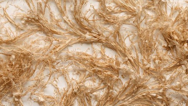 Flowing tangled straw fibers with white fluff on cream surface organic textured background