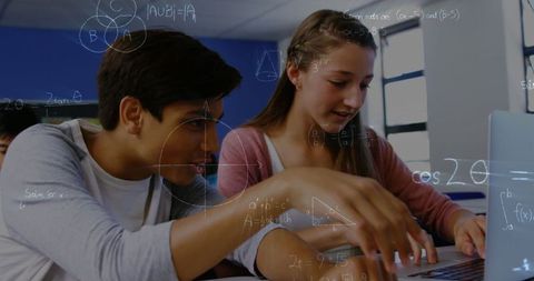 Students Using Laptop with Overlay of Mathematical Equations - Download Free Stock Images Pikwizard.com