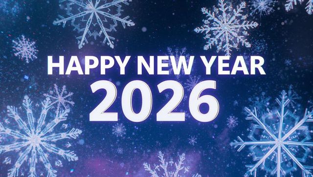 Happy new year 2026 celebrating with glowing snowflakes on deep blue purple gradient card