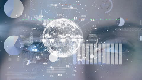 Futuristic Data Visualization Overlaying Woman's Face and Globe