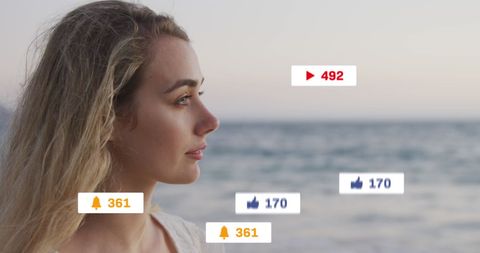 Connected Woman by Seaside with Social Media Inteplay