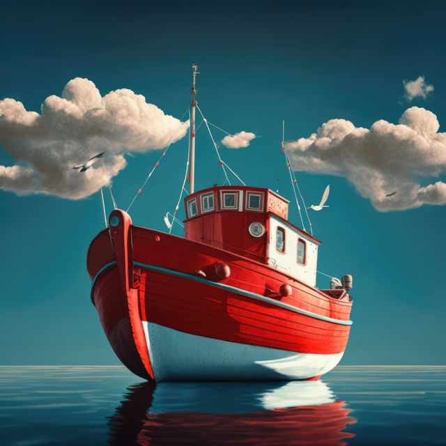 Image of red sailing boat on sea over clouds and blue sky, created using generative ai technology. Transport, travel and boat, digitally generated image.
