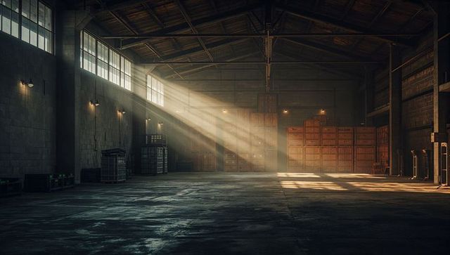 Streaming sunlight shafts illuminating empty industrial warehouse with stacked wooden crates