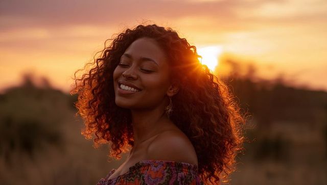 Golden-hour portrait of smiling woman with curly hair backlit by warm sunset halo