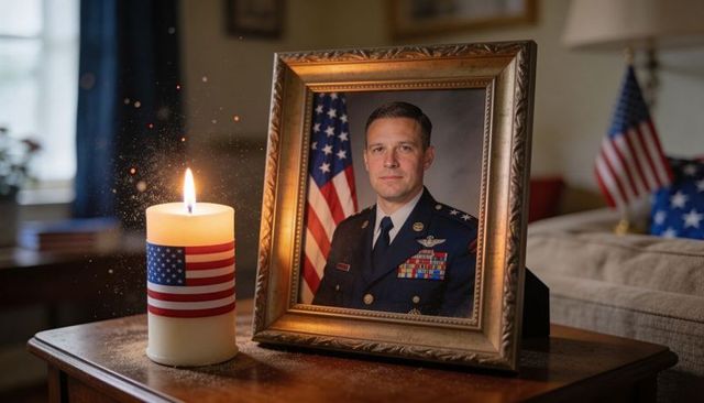 Framed military officer portrait with american flag candle burning memorial home tribute