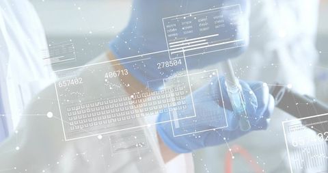 Pipetting gloved technician handling vial with digital data overlays for biotech research