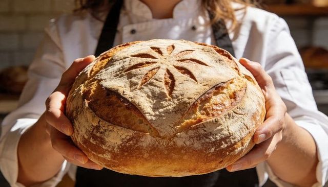Baker presenting artisan sourdough loaf with decorative scoring and golden crust