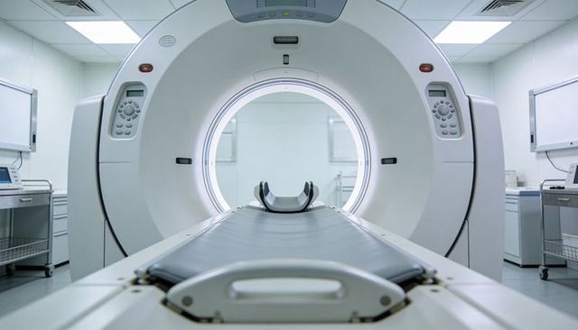 High-tech ct scanner gantry with patient table in sterile radiology suite for diagnostics